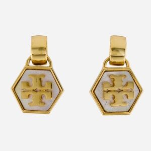 Tory Burch Gold and Mother of Pearl Cream Hexagon Earrings
